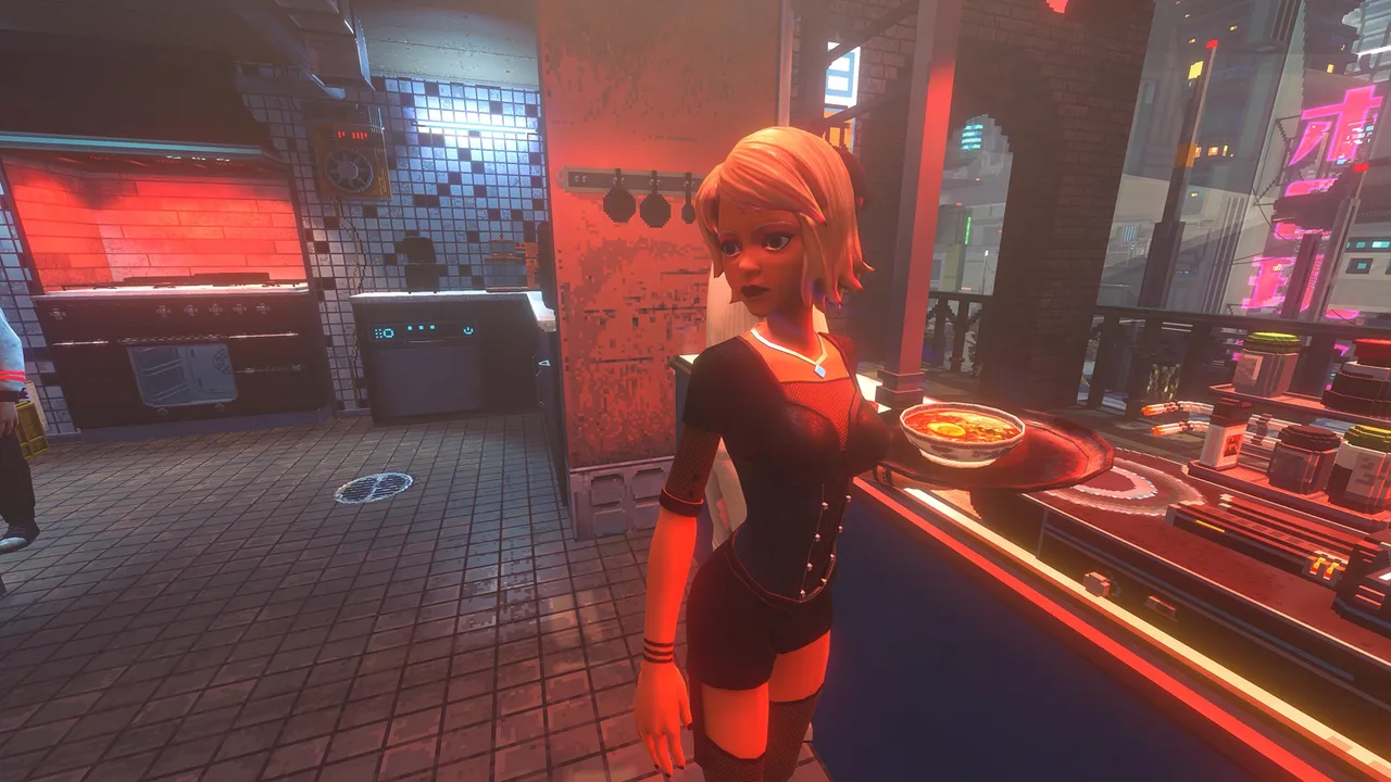A Nivalis Nights server carrying a bowl on a tray beside kitchen equipment