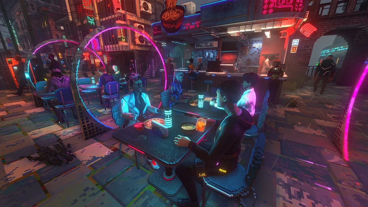 Customers eating meals and drinks at a neon-lit Nivalis Nights restaurant table