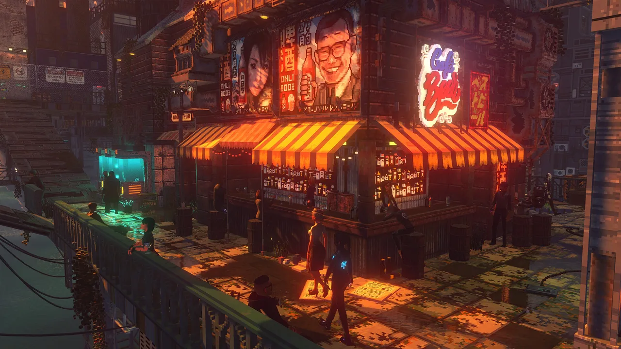 Customers outside a Nivalis Nights pub with orange awnings and a staffed counter