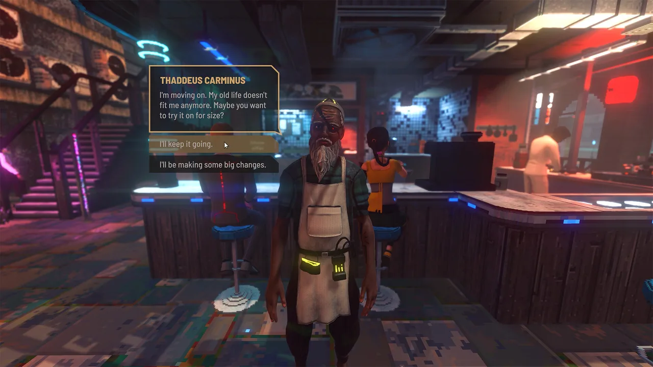 Thaddeus Carminus speaking with the player inside a Nivalis Nights restaurant
