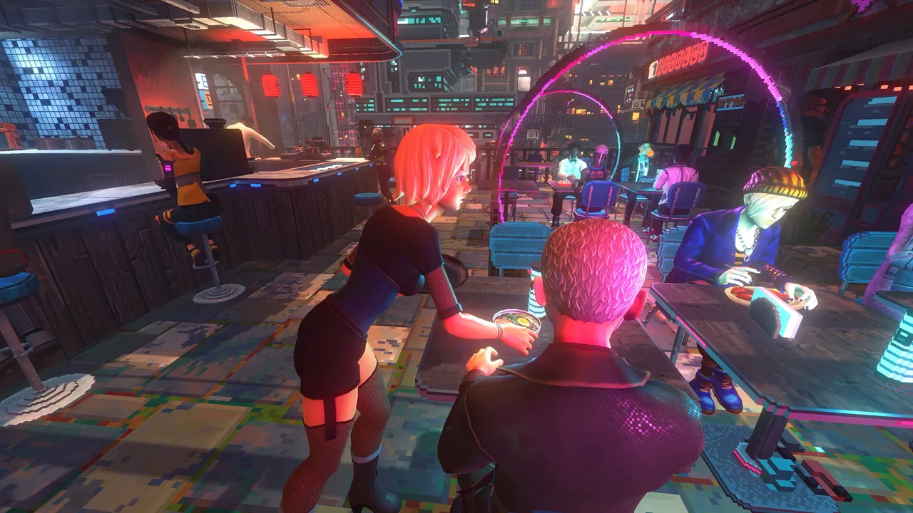 A worker serves food in a neon-lit Nivalis Nights restaurant