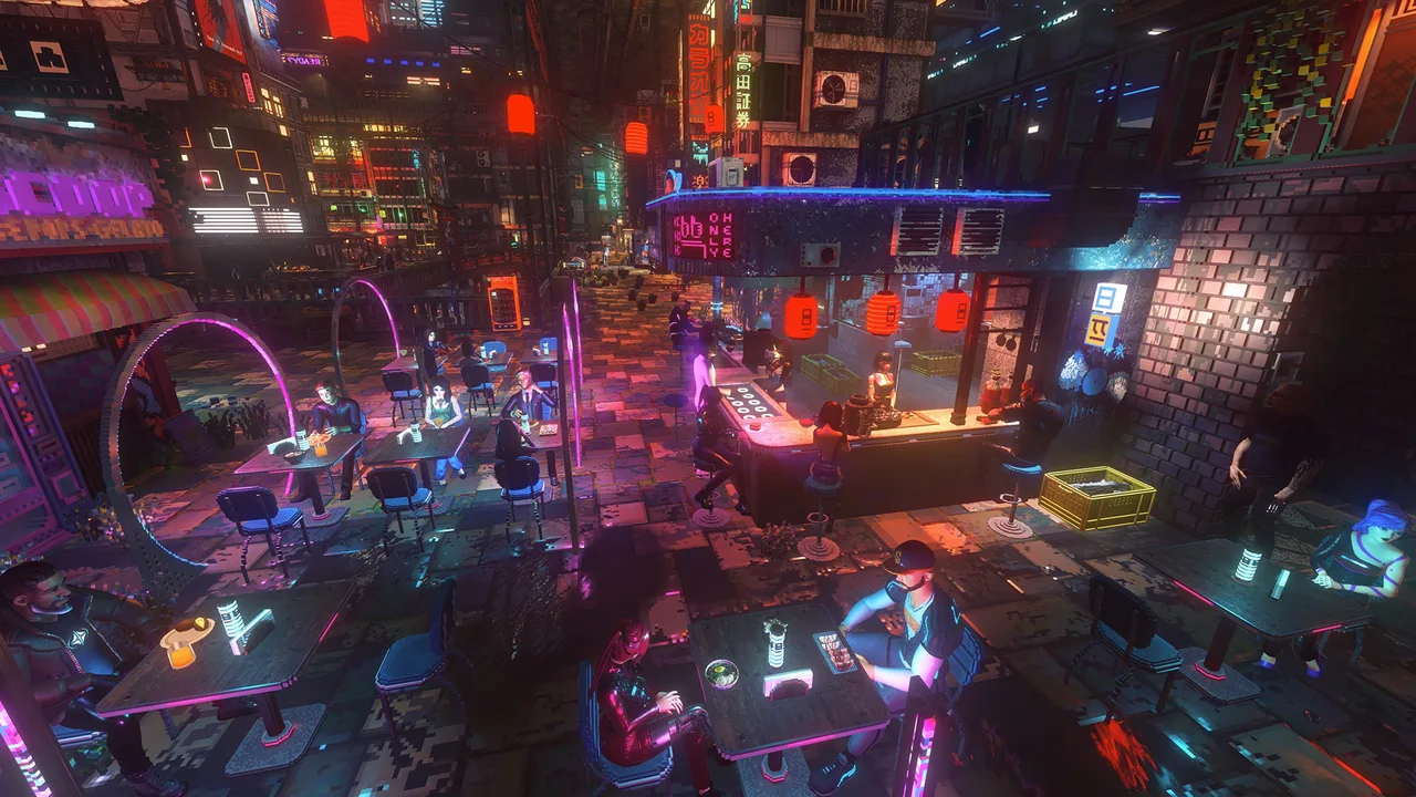 A wide Nivalis Nights restaurant scene showing tables, diners, a counter and kitchen